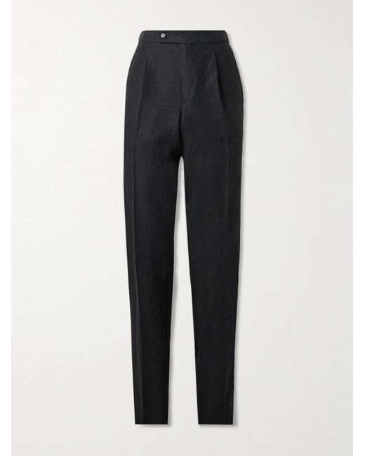 Caruso Black Straight-leg Pleated Linen Trousers for men