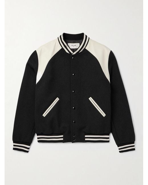 Céline Black Teddy Striped Colour-Block Leather-Trimmed Virgin Wool-Blend Varsity Jacket for men