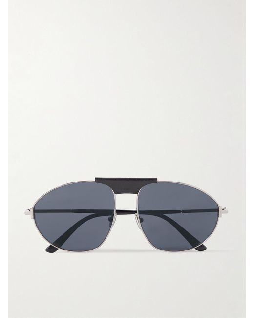 Tom Ford Blue Ken Aviator-style Leather-trimmed Silver-tone Sunglasses for men