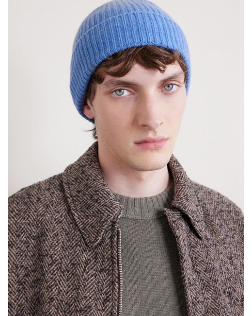 William Lockie Blue Ribbed Cashmere Beanie for men