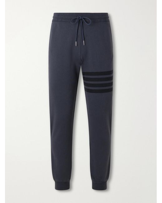 Thom Browne Blue Tapered 4-Bar Detailed Cotton-Jersey Drawstring Sweatpants for men