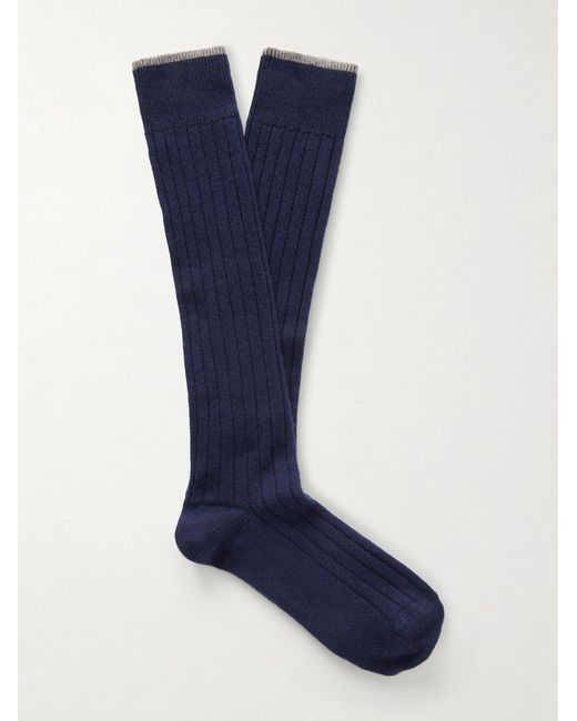 Brunello Cucinelli Blue Ribbed Cashmere Socks for men