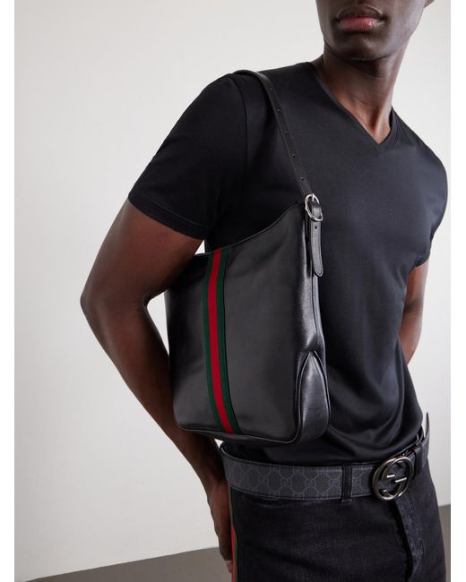 Gucci Black Lunetta Webbing-Trimmed Leather Tote Bag for men