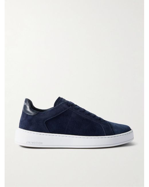 J.M. Weston Blue On Time Leather-Trimmed Suede Sneakers for men