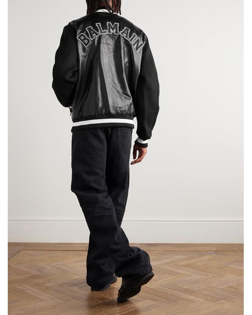 Balmain Black Logo-Appliquéd Leather And Wool Varsity Jacket for men