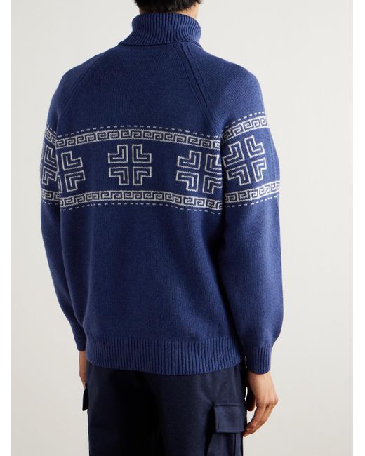 Brunello Cucinelli Blue Intarsia-Knit Cashmere Rollneck Sweater for men
