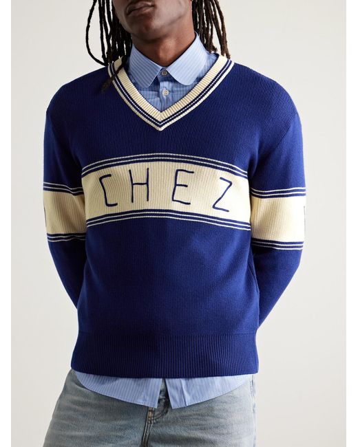 Valentino Garavani Blue Embroidered Striped Virgin Wool And Cotton-Blend Sweater for men