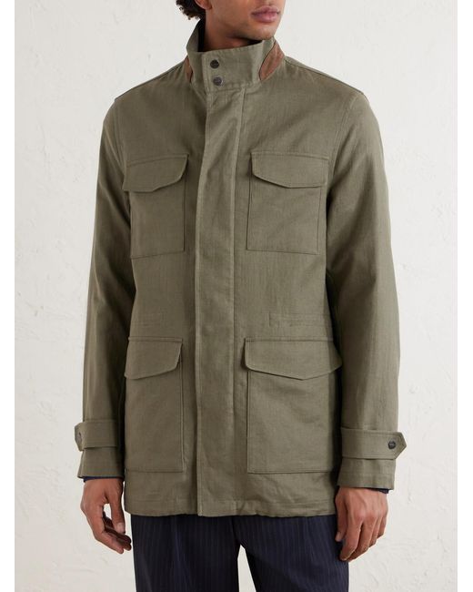 Kiton Green Suede-Trimmed Linen Field Jacket for men