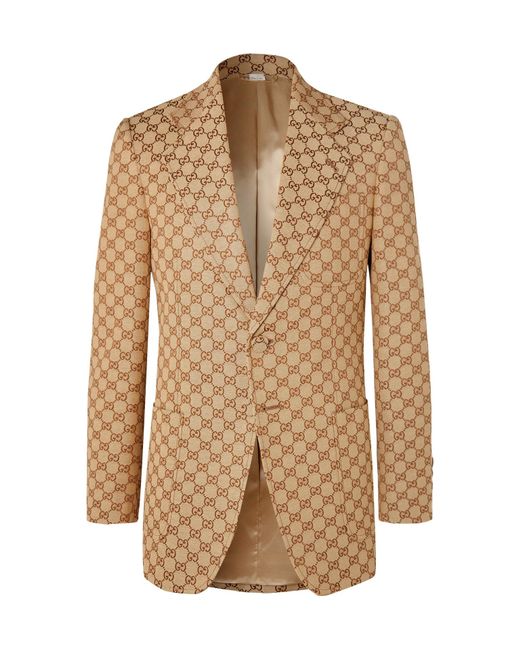 Gucci Natural Beige Slim-fit Logo-jacquard Cotton-blend Suit Jacket for men