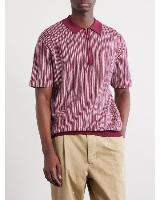 Beams Plus Pink Jacquard-knit Cotton Half-zip Polo Shirt for men