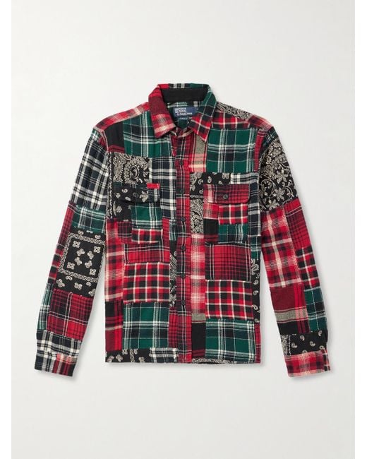 Patchwork Checked Cotton-Flannel And Paisley-Print Poplin Shirt di Polo Ralph Lauren in Red da Uomo