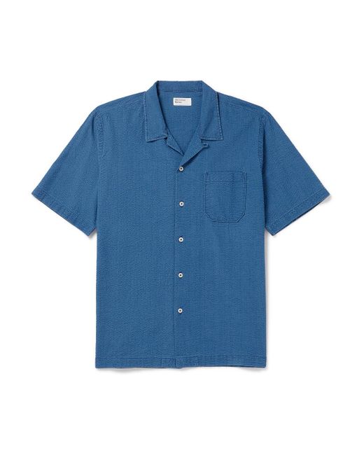 Universal Works Blue Road Convertible-collar Cotton-seersucker Shirt for men
