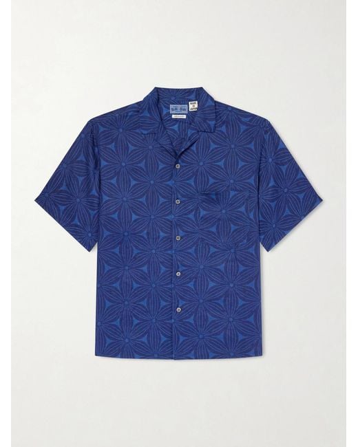 Blue Blue Japan Blue Sakura Camp-Collar-Dyed Floral-Print Linen Shirt for men