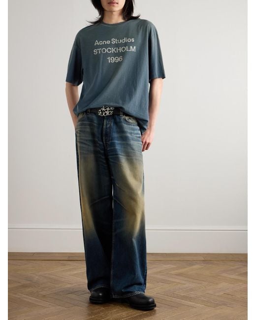 Acne Blue Exford Distressed Logo-Print Cotton And Hemp-Blend Jersey T-Shirt for men