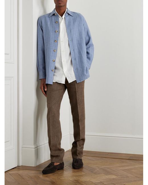 Rubinacci Hemdjacke aus einer gestreiften Leinen-Wollmischung in Blue für Herren