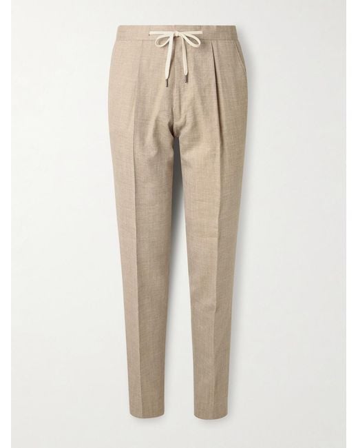 Mr P. Natural Straight-Leg Pleated Wool, Silk And Linen-Blend Drawstring Trousers for men