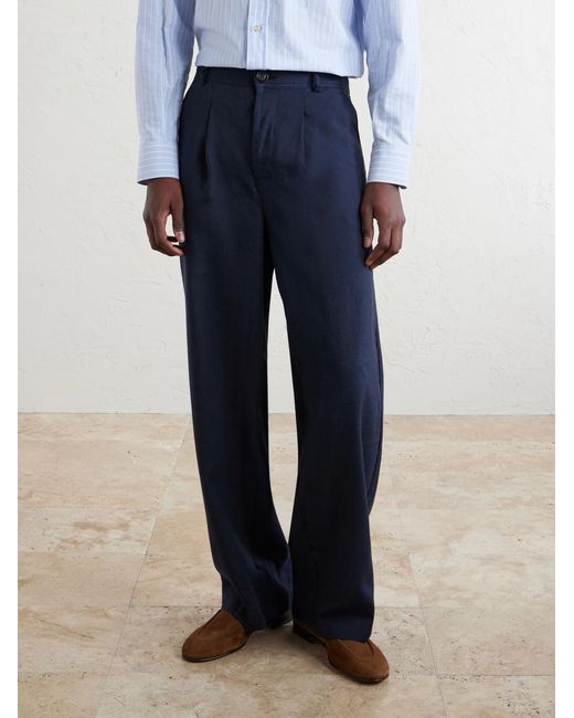 Oliver Spencer Blue Oxford Straight-Leg Striped Linen Drawstring Trousers for men