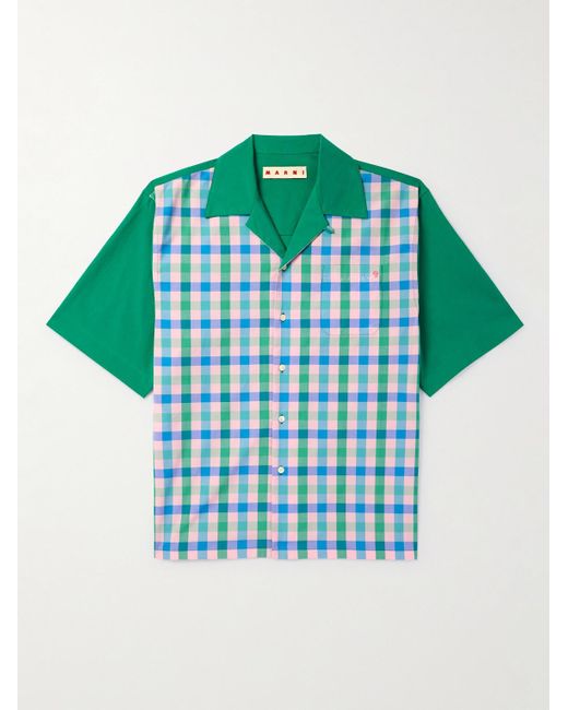 Marni Kariertes Hemd aus Baumwollpopeline mit wandelbarem Kragen und Logostickerei in Green für Herren