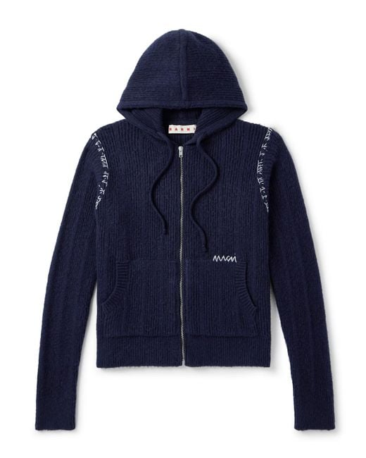 Marni Blue Embroidered Ribbed Wool And Cashmere-Blend Zip-Up Hoodie for men