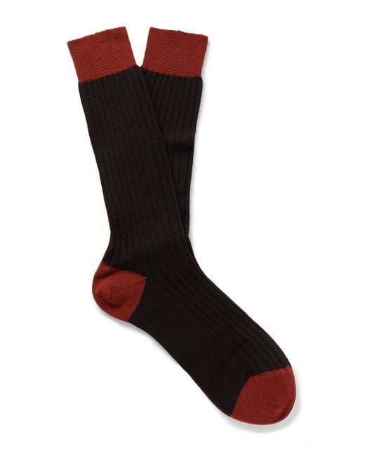 Mr P. Black Ribbed Wool-blend Socks for men