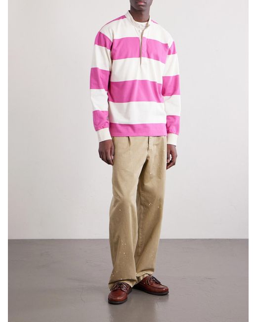 Drake's Pink Grandad-Collar Striped Cotton-Jersey Half-Placket Shirt for men