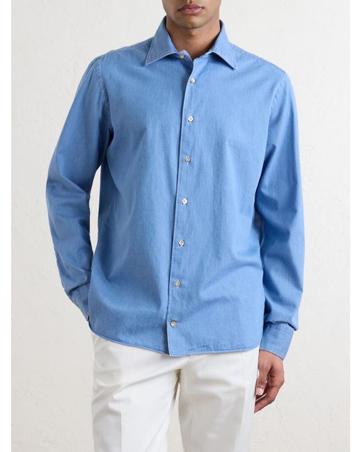 De Petrillo Blue Cotton-Chambray Shirt for men