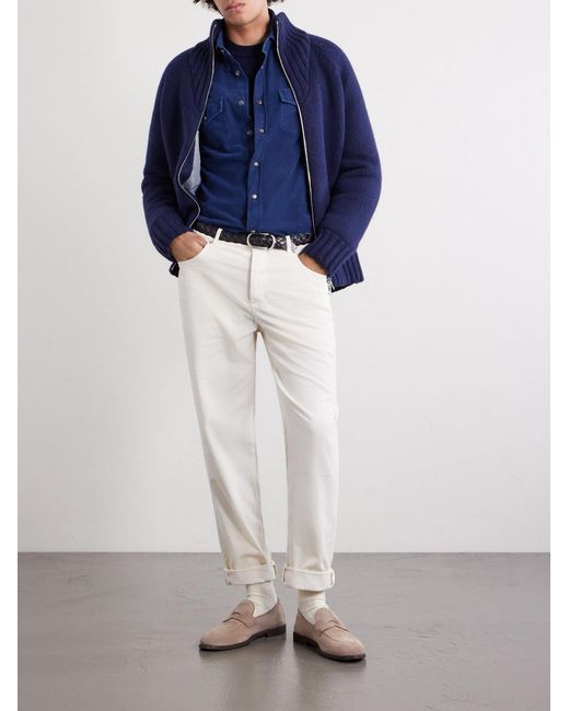 Brunello Cucinelli Blue Cutaway-Collar Cotton-Corduroy Western Shirt for men