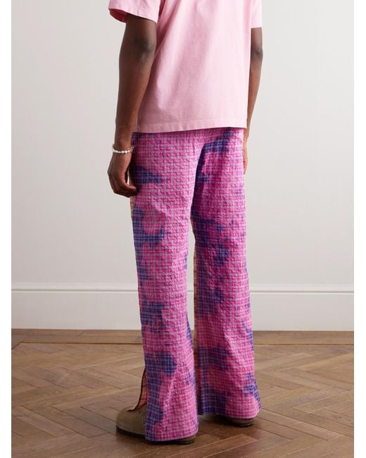 Pantaloni a gamba dritta in misto cotone seersucker a quadri effetto scolorito Cleo di Stockholm Surfboard Club in Pink da Uomo