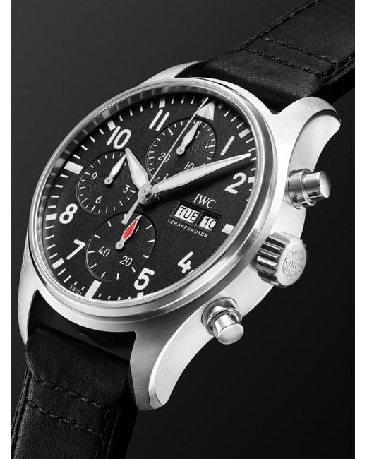 Iwc Black Pilot's Automatic Chronograph 41mm Stainless Steel And Leather Watch for men
