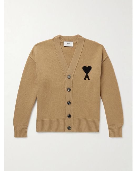 AMI Cardigan aus Schurwolle mit Intarsienlogomotiv in Natural für Herren