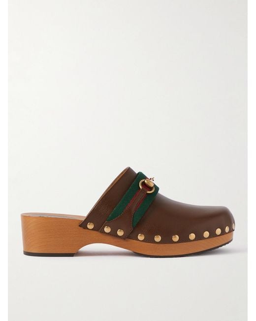 Gucci Brown Horsebit Webbing-Trimmed Leather Clogs for men