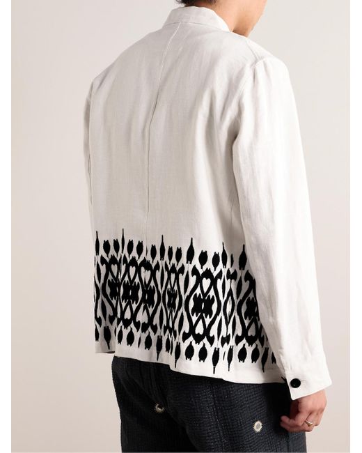 Portuguese Flannel White Labura Embroidered Linen Chore Jacket for men