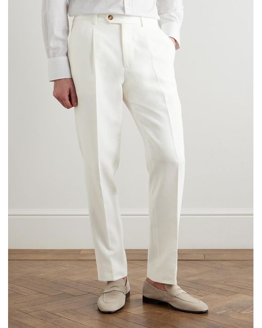 Brunello Cucinelli White Slim-fit Pleated Cotton-twill Suit Trousers for men