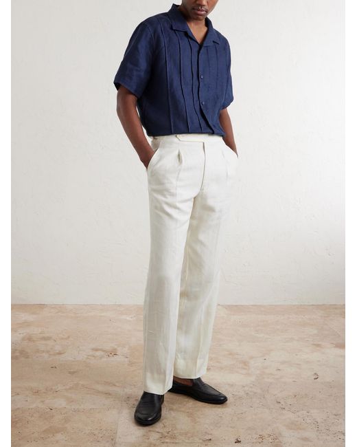 Mr P. Blue Camp-Collar Embroidered Pintucked Linen Shirt for men