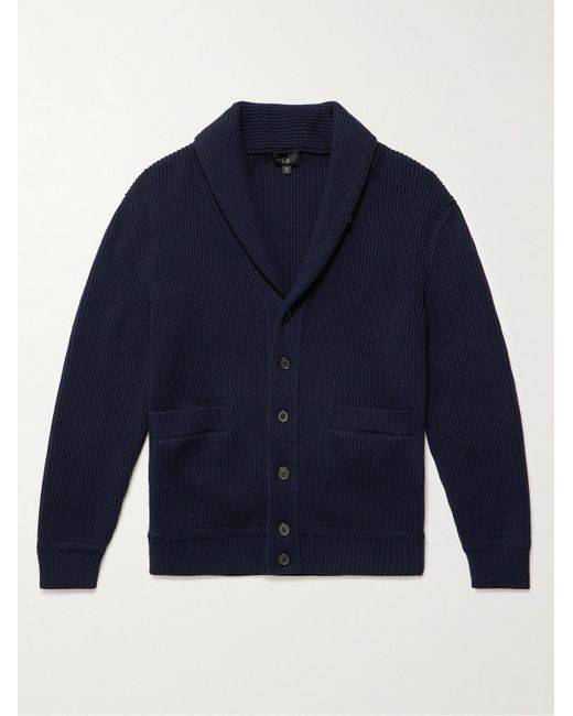 Dunhill Blue Shawl-collar Suede-trimmed Ribbed Merino Wool Cardigan for men