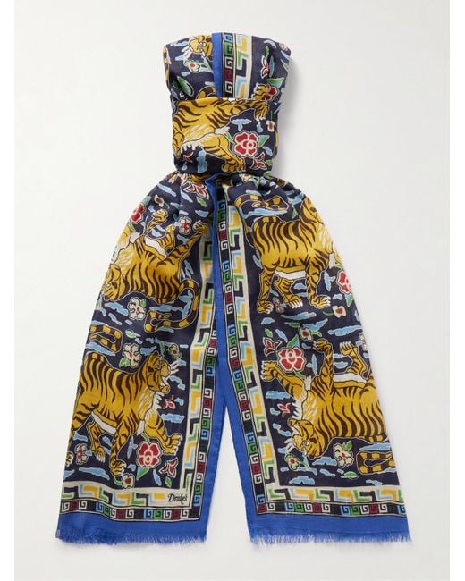 Drake's Blue Frayed Printed Wool And Silk-Blend Scarf for men