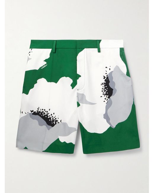 Valentino Garavani Green Wide-leg Floral-print Cotton-poplin Shorts for men