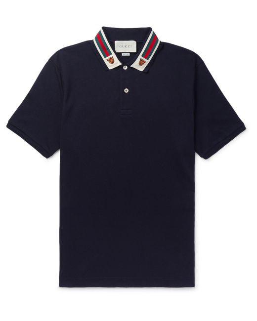 Gucci Blue Tiger-embroidered Cotton-pique Polo Shirt for men