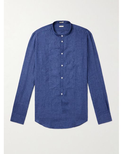 Massimo Alba Blue Kos Grandad-collar Linen Half-placket Shirt for men