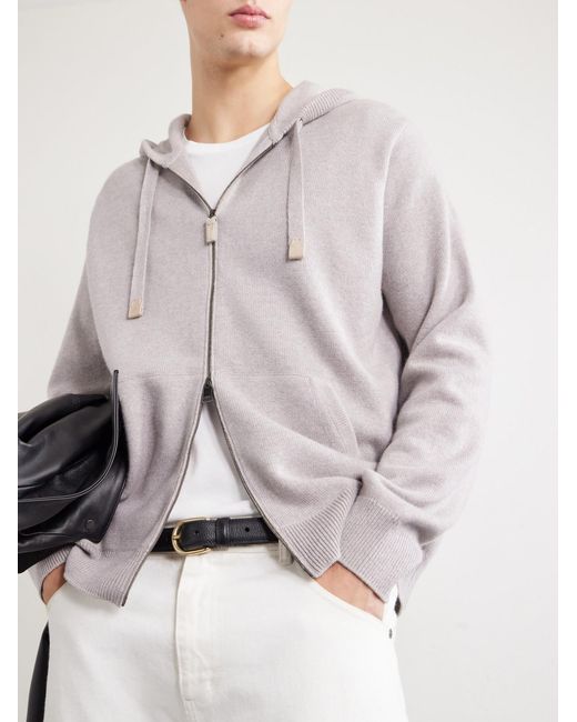 Brioni Gray Hooded Leather-trimmed Cashmere Zip-through Sweater for men
