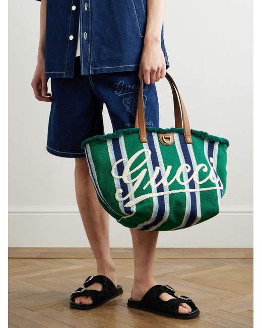 Gucci Gestreifte Tote aus Webstoff mit Lederbesatz und Logostickerei in Green für Herren