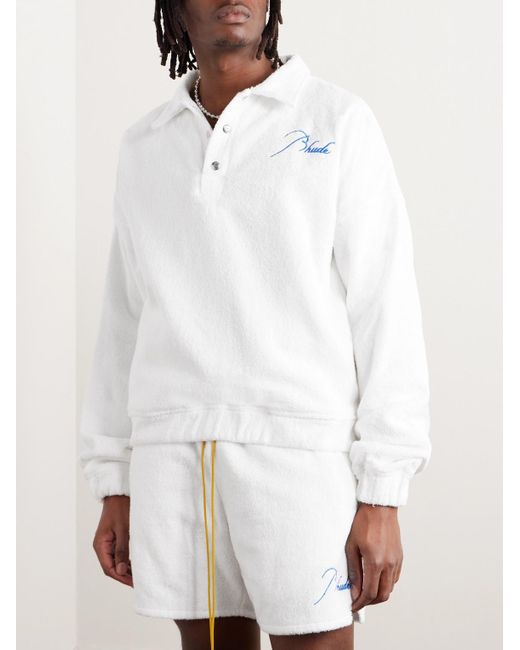 Rhude White Logo-embroidered Cotton-terry Polo Shirt for men