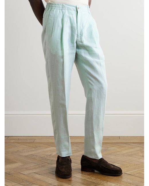 Rubinacci Blue Straight-Leg Linen Drawstring Trousers for men