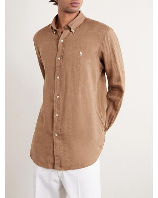 Polo Ralph Lauren Natural Button-Down Collar Logo-Embroidered Linen Shirt for men