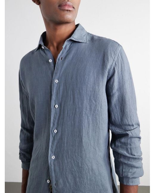 Fedeli Blue Nick Slim-Fit Cutaway-Collar Linen Shirt for men