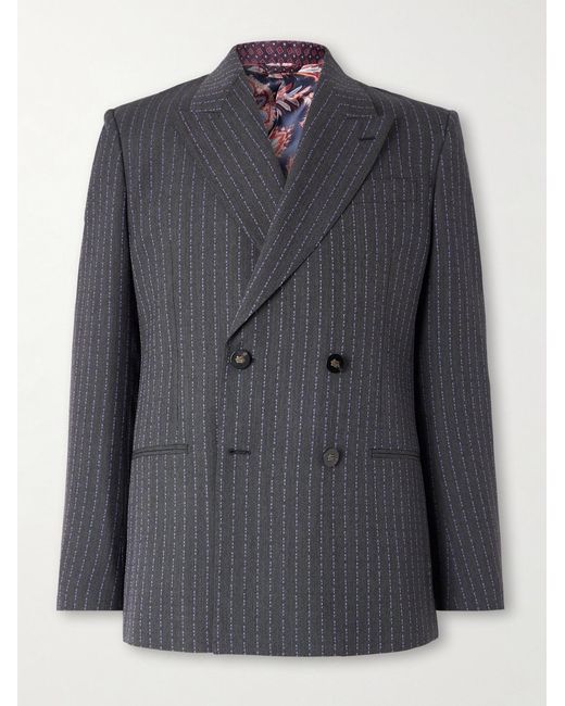 Etro Blue Double-breasted Logo-embroidered Wool-blend Jacquard Suit Jacket for men