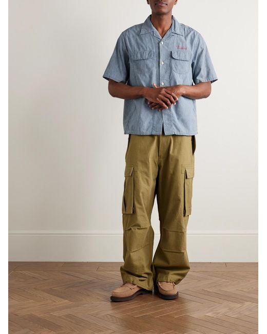 Visvim Blue Keesey Convertible-Collar Logo-Embroidered Cotton And Silk-Blend Chambray Shirt for men