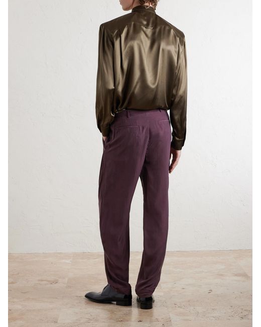 Saint Laurent Purple Tapered Belted Pleated Silk Trousers for men