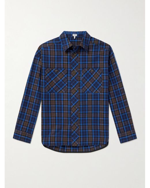 Loewe Hemd aus Baumwollflanell mit Lederbesatz und Karomuster in Blue für Herren