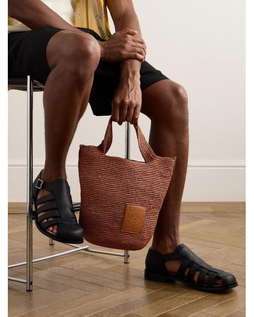 Loewe Brown Paula's Ibiza Mini Logo-debossed Leather-trimmed Raffia Tote Bag for men